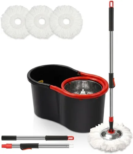 Vista 12 de Trapeador giratorio y cubo con juego de escurridor, sistema de cubo giratorio de 360° con 3 cabezales de repuesto de mopa de microfibra y mango