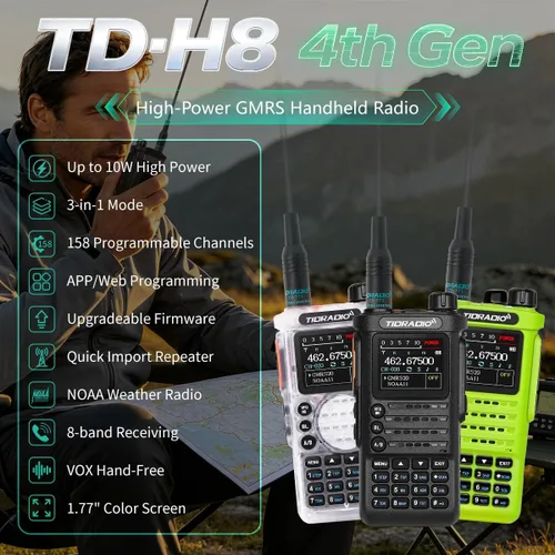 Vista 2 de Radios portátiles TIDRADIO TD-H8 GMRS de 10 vatios (4ª generación), programación de APP/PC, 4 baterías de 2500 mAh, capacidad para repetidor Negro