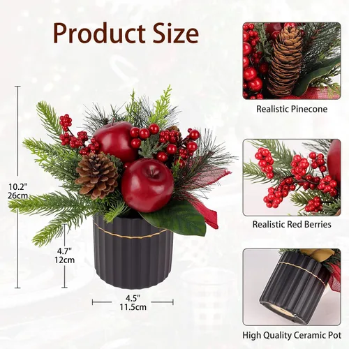 Vista 6 de Mini árbol de Navidad, árbol de Navidad artificial en maceta con manzanas, piñas, bayas, cinta, pequeños arreglos florales navideños de mesa