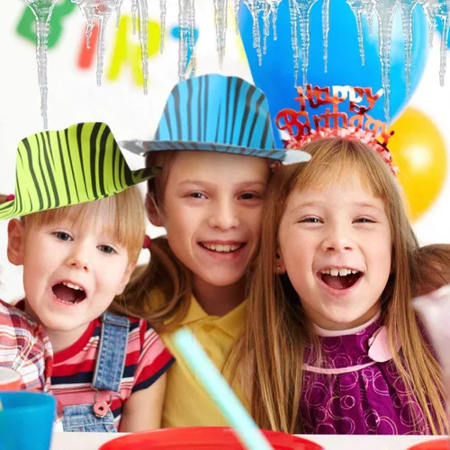 Vista 5 de Novelty Place Sombreros de fiesta de plástico con estampado de animales neón, estilo fedora con mafia de gángster, sombreros de fiesta con luz negra