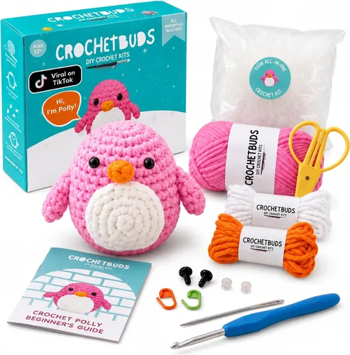 Vista 8 de CROCHETBUDS Penguin Crochet Kit for Beginners & Adults DIY Amigurumi Kit w/Pre-Started Piece, Yarn, Hook, Pattern, Video & Written Tutorial Guide