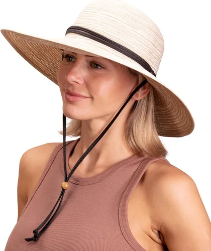 Vista 3 de Sloggers Sombrero de sol trenzado de ala ancha para mujer con cordón de viento, protección solar máxima UPF 50+ Piedra