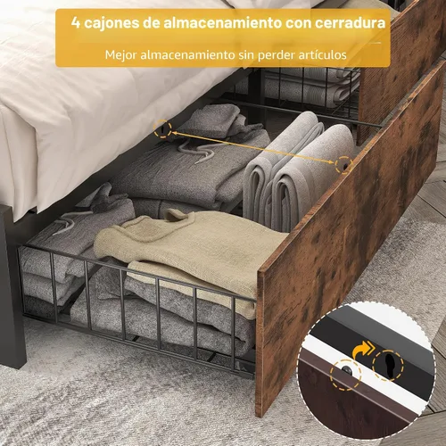 Vista 6 de Lifezone Base de cama Queen con cabecera de almacenamiento de 2 niveles, base de cama de plataforma de metal con 4 cajones de almacenamiento, Marrón