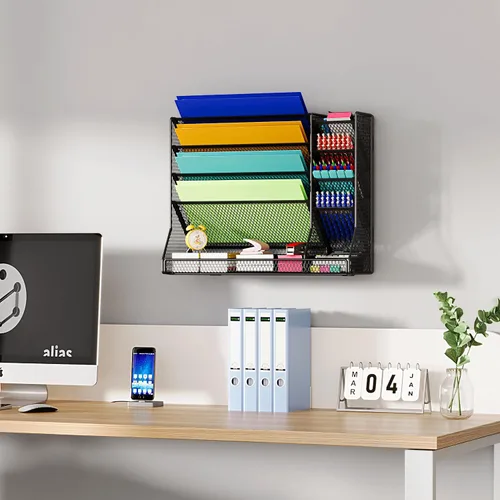 Vista 5 de Jakyitvi Organizador de archivos montado en la pared, organizador de escritorio de metal ajustable y duradero de 4 niveles, soporte para archivos