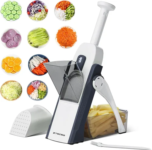 Vista 17 de Cortador de mandolina 5 en 1 seguro para cocina, picador de verduras seguro, cuchillo de pelar, grosor ajustable, fácil de limpiar, rebanador