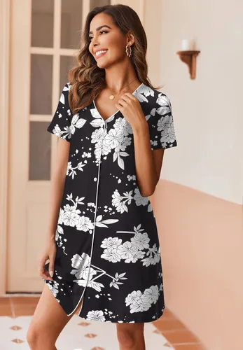 Vista 4 de Ekouaer Camisón de manga corta con botones para mujer, camisón suave con cuello en V