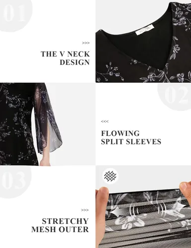 Vista 3 de SeSe Code Vestido de malla elástica con volantes y manga 34 para mujer, vestidos de invitadas de boda
