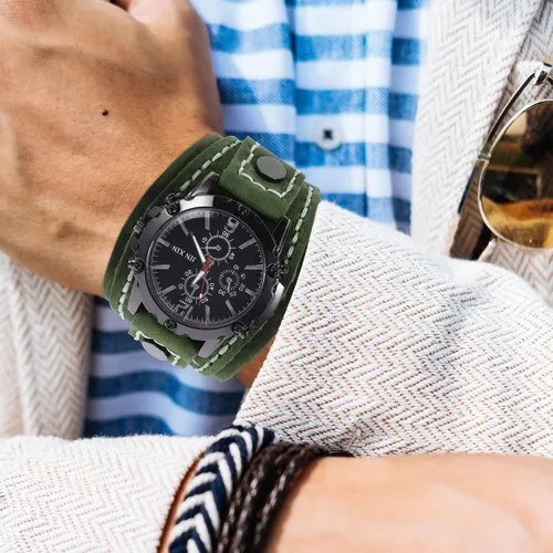 Vista 5 de UKCOCO Reloj de pulsera con correa de cuero ancha, pulsera punk para el día del padre