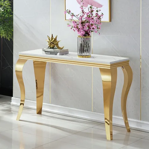 Vista 13 de SSLine Mesa auxiliar rectangular de mármol sintético para sala de estar, moderna mesa central de mármol blanco de lujo con base de diamante dorado