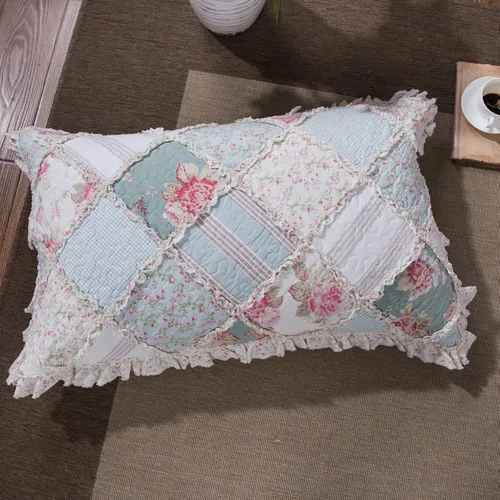 Vista 8 de DaDa Bedding - Juego de colcha de algodón con diseño de retazos florales campestres con un toque de menta, acolchada, con volantes multicolor pastel