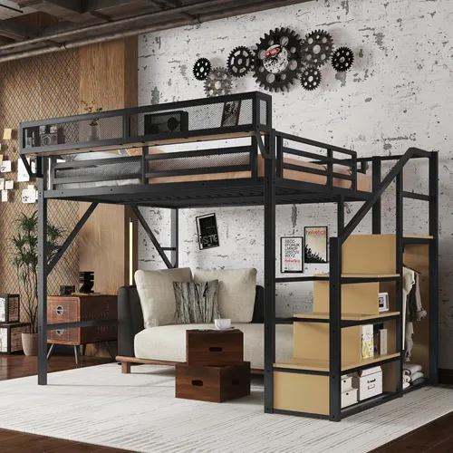 Vista 20 de Mirightone Cama elevada de tamaño completo con escaleras, camas elevadas de metal, estructura de cama elevada con estantes de almacenamiento, cama