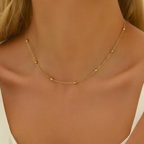 Vista 4 de Collar de cadena para mujer, delicado y sencillo, chapado en oro de 18 quilates, gargantilla con disco tipo moneda, trenzada, con cuentas, collar