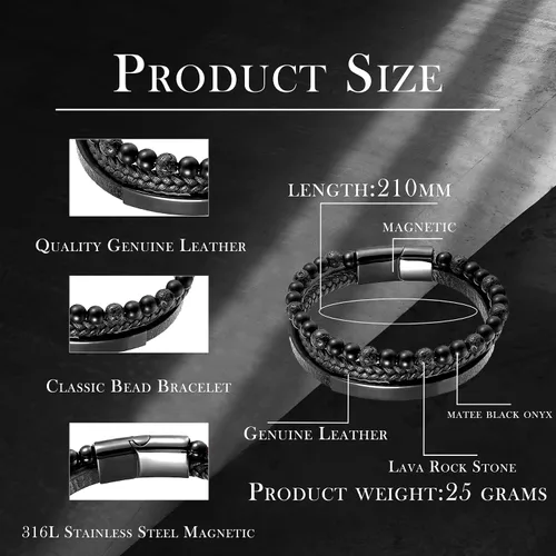 Vista 6 de Pulsera de cuentas de piedra volcánica de piedra volcánica de ónix negro y ojo de tigre mate para hombre, pulsera de cuero trenzado negro para hombre