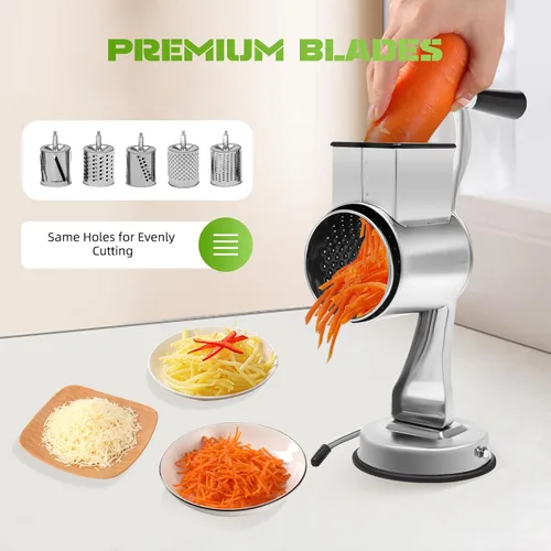 Vista 7 de 5-In-1 Rotary Cheese Grater, Multi-Function Hand Crank Stainless Steel Cheese Grater, Vegetable Shredder With 5 Interchangeable Blades For Cheese