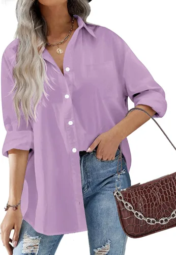 Vista 15 de HOTOUCH Camisas de gran tamaño con botones para mujer, blusa de hombro caída para oficina, de manga larga, estilo novio, camisa de vestir