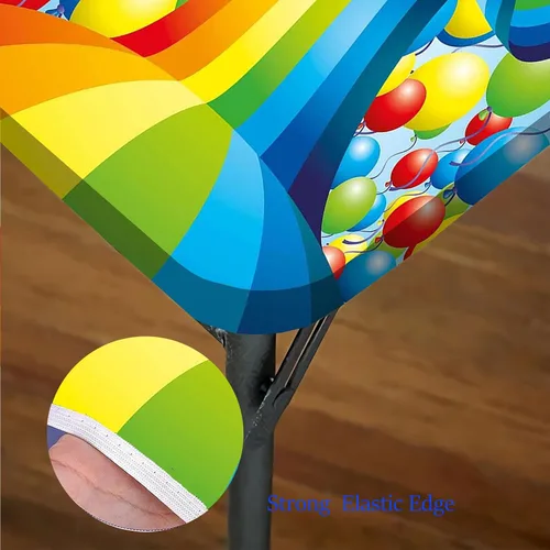 Vista 5 de Cubierta cuadrada para mesa de cumpleaños, muchos globos vibrantes ondulados arco iris, cubierta elástica para mesa, para restaurantes, picnic