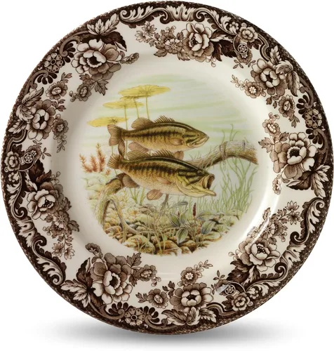 Vista 20 de Spode Woodland Bass Plato de Ensalada - 8" Loza Fina, Hecho en Inglaterra, Diseño de Pez de Caza con Borde de Flores Británicas para Ensaladas