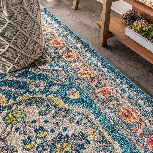 Vista 7 de JONATHAN Y Alfombra bohemia para interiores, color azul y amarillo, 3 x 5, medallón bohemio elegante, floral, fácil de limpiar, alto tráfico