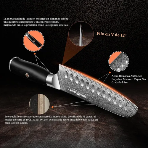 Vista 4 de Cuchillo Santoku de Damasco de 73 capas, 10Cr15CoMoV HC núcleo de corte, estilo japonés Premier Kitchen Chefs Gadget w/t caja de regalo D1santoku