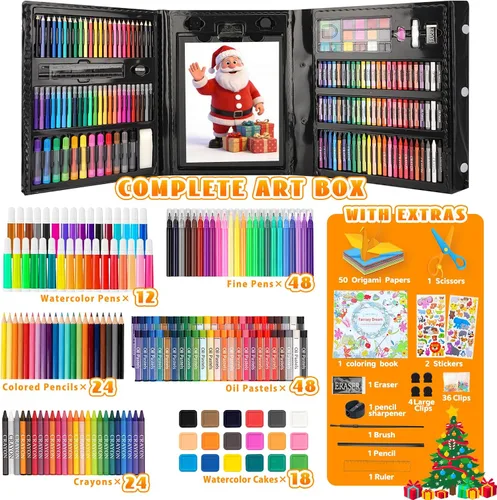 Vista 2 de Suministros de Arte, Set de Arte de 297 Piezas Kit de Dibujo para Niñas Niños Artistas, Caja de Regalo de Arte de Lujo con Caballete Plegable
