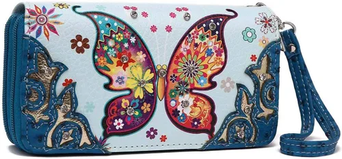Vista 2 de Mariposa colorida primavera estilo occidental moda monedero mujeres pulseras cartera, Turquesa, Cartera de pulsera estilo occidental para mujer