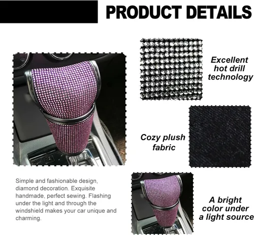 Vista 3 de KEVWR - Funda para palanca de cambios de coche con cristales brillantes, protector de palanca de cambios con brillo de strass, accesorios de Rosa