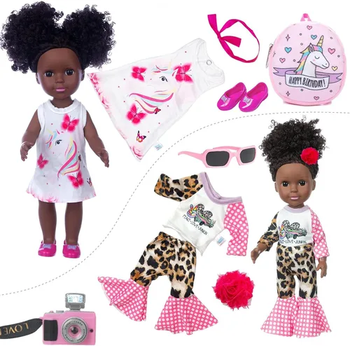 Vista 2 de ZQDOLL Conjunto de ropa de muñeca negra y muñeca de bebé, accesorios para muñecas, 14.5 pulgadas, muñeca afroamericana de silicona con mochila