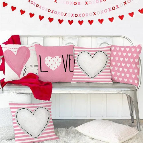 Vista 5 de GEEORY Juego de 4 fundas de almohada para el día de San Valentín de 18 x 18 pulgadas para decoración de San Valentín, diseño de rayas rosas
