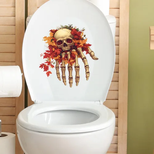 Vista 5 de Calavera de Halloween con calcomanías de arce autoadhesivas para inodoro, baño, pared, decoración del hogar, extraíble, sin residuos, 2