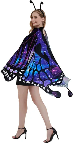 Vista 6 de Alas de mariposa para mujer, disfraces de Halloween, alas de hada, tela suave para adultos, con máscara facial para fiesta, accesorio personalizado..