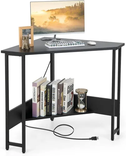 Vista 10 de GOFLAME Escritorio esquinero con toma de corriente, escritorio triangular para computadora para espacio pequeño, escritorio de escritura que ahorra