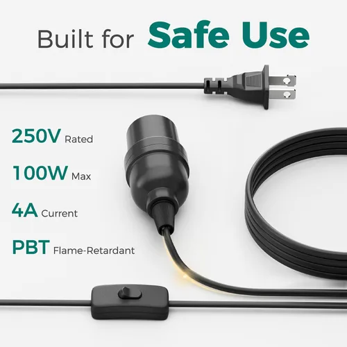 Vista 4 de DiCUNO Cable de extensión de linterna colgante E26, lámpara de control de interruptor de cable en línea para enchufar y apagar, 6.6 pies, negro