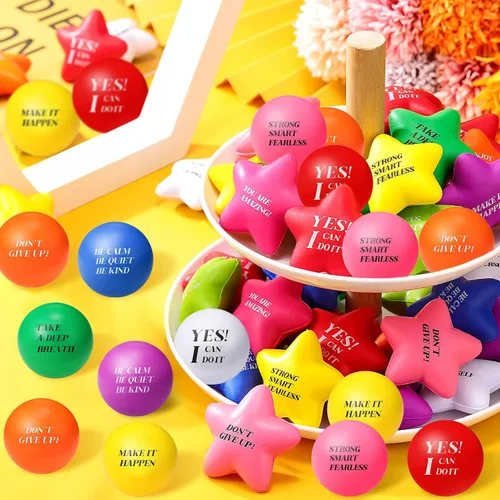 Vista 6 de Jerify 140 bolas de estrés a granel para adultos, espuma colorida, estrella motivacional, bola de estrés, juguete de regalo con citas inspiradoras
