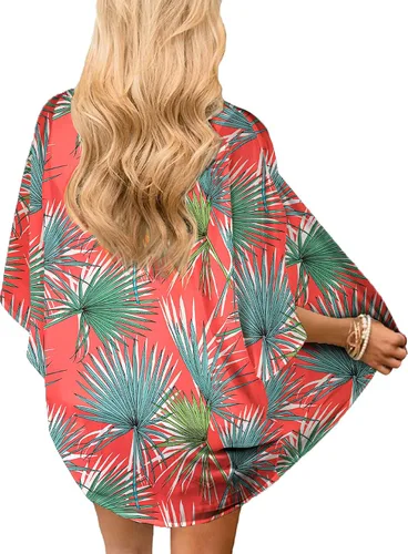 Vista 2 de Chunoy Cárdigan estilo kimono de gasa para mujer, ligero, con estampado floral, holgado, de manga corta, salida de baño, blusa para la playa