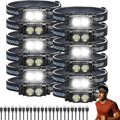 Vista 11 de Bud K Paquete de 12 linternas frontales recargables, linternas de 1000 lúmenes para adultos, linterna frontal de haz ancho de 230 grados y foco