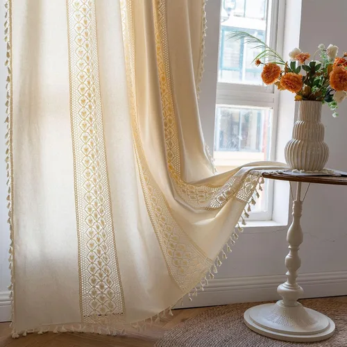 Vista 19 de Deeprove - Cortinas bohemias de 63 pulgadas de largo para dormitorio, rayas de lunares de punto hueco beige y patchwork de algodón y lino crema