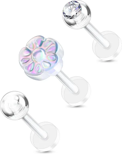 Vista 10 de OUFER 3 piezas de joyería de plástico para piercing de hélice, retenedores de piercing de labio transparente para cirugía, lindos anillos de labio