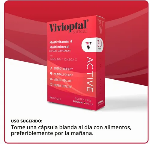 Vista 4 de Vivioptal Active, 30 cápsulas blandas, ginseng y omega 3, multivitamínico y multimineral, sin gluten, fórmula alemana