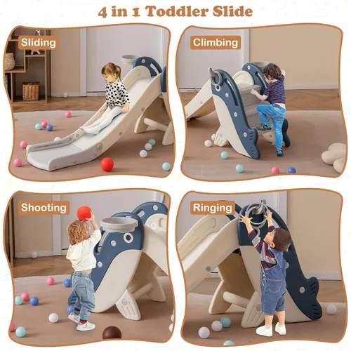 Vista 2 de BABY JOY Tobogán plegable para niños pequeños, juego independiente de escalador para bebés con aro de baloncesto, juego de tobogán para niños