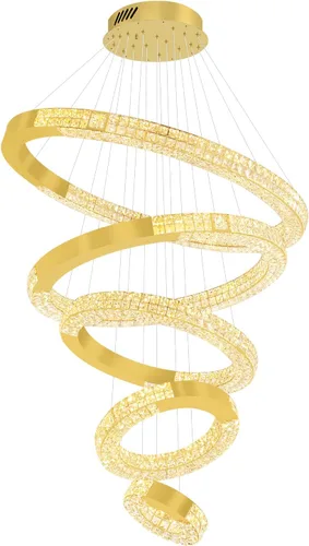 Vista 8 de Gran araña de anillo dorado moderna LED de 5 anillos de cristal para techos altos Vestíbulo Escalera de arañas D12''+20''+28''+35''+43'' Oro