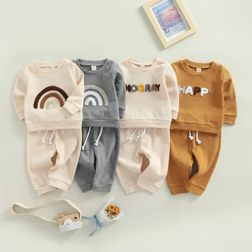 Vista 2 de TFFR Conjunto de sudadera de manga larga con estampado de gofres para bebés y niños pequeños y niñas