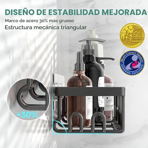 Vista 2 de Veken Paquete de 3 organizadores de ducha, diseño avanzado a prueba de óxido, estantes adhesivos sin perforaciones, estante con soporte para jabón