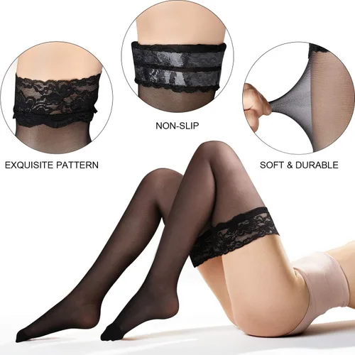Vista 4 de SATINIOR 4 Pack Silk Thigh High Stocking for Women Lace Silicone Socks Satin Bow Top Stocking