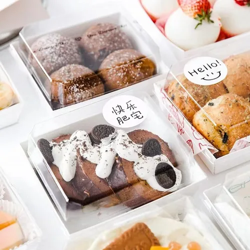 Vista 6 de RomanticBaking Paquete de 100 cajas de charcutería de 4 x 4 x 2.55 pulgadas con tapas transparentes, cajas de galletas, cajas de panadería, cajas