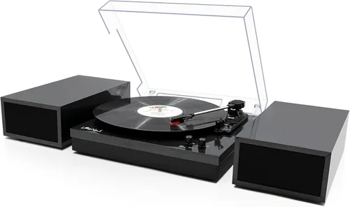 Vista 11 de Reproductores de discos de vinilo con 2 altavoces externos y tocadiscos Bluetooth, color blanco 01-Cuero blanco