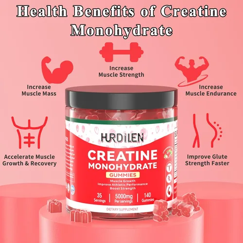 Vista 3 de 140 gomitas de monohidrato de creatina, 5000 mg de monohidrato de creatina sin azúcar para mujeres y hombres con L-taurina, vitamina B12 para fuerza
