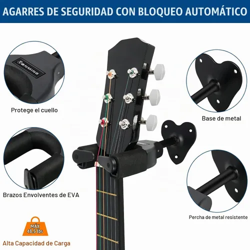 Vista 4 de Ranming Soporte de pared para guitarra, soporte de pared con bloqueo automático, base de metal para guitarra, ukelele, bajo, banjo y mandolina