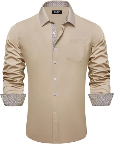 Vista 22 de Hi-Tie Camisa de manga larga jacquard con contraste interior sin arrugas para hombre
