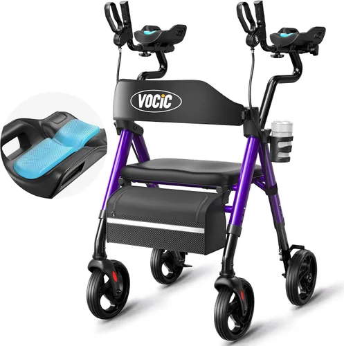 Vista 12 de VOCIC Caminantes para personas mayores, andador vertical con reposabrazos ajustables, Z22 GelCool Stand Up Walker con asiento y respaldo Ergo