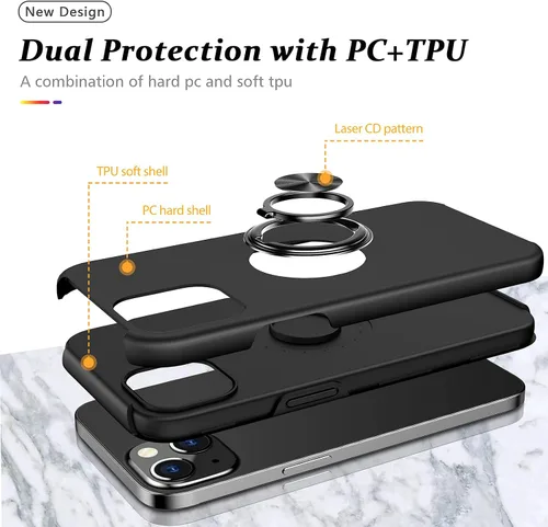 Vista 5 de Funda a prueba de golpes para iPhone 14 de 6.1 pulgadas, [anillo de dedo integrado] funda de teléfono de grado militar con soporte de metal Negro